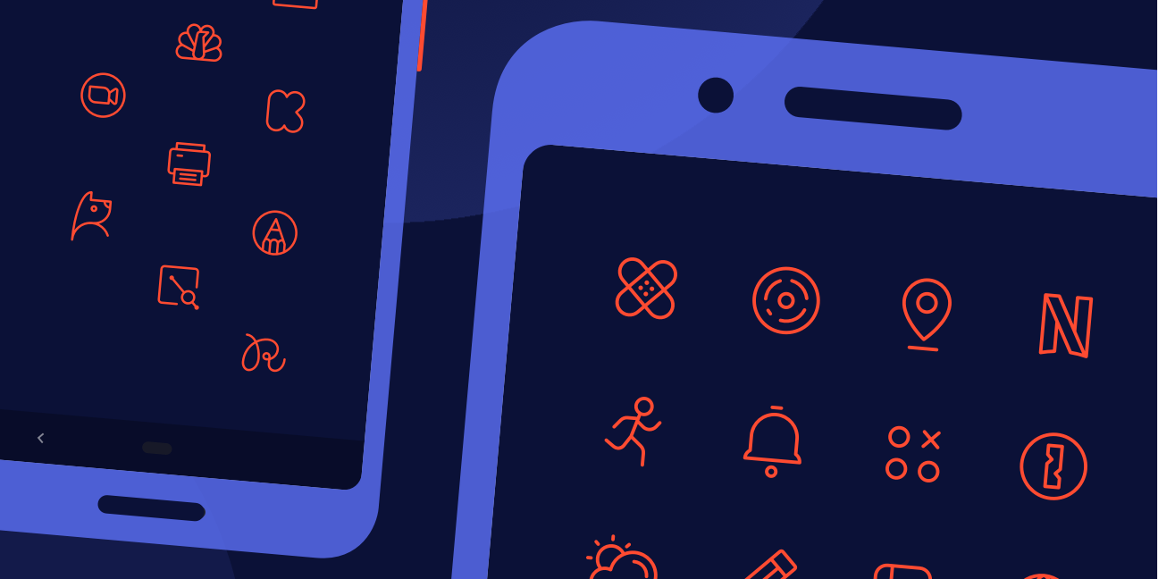 Composition of icons from the Phosphor Cadmium icon pack for Android, on a flat-style phone frame