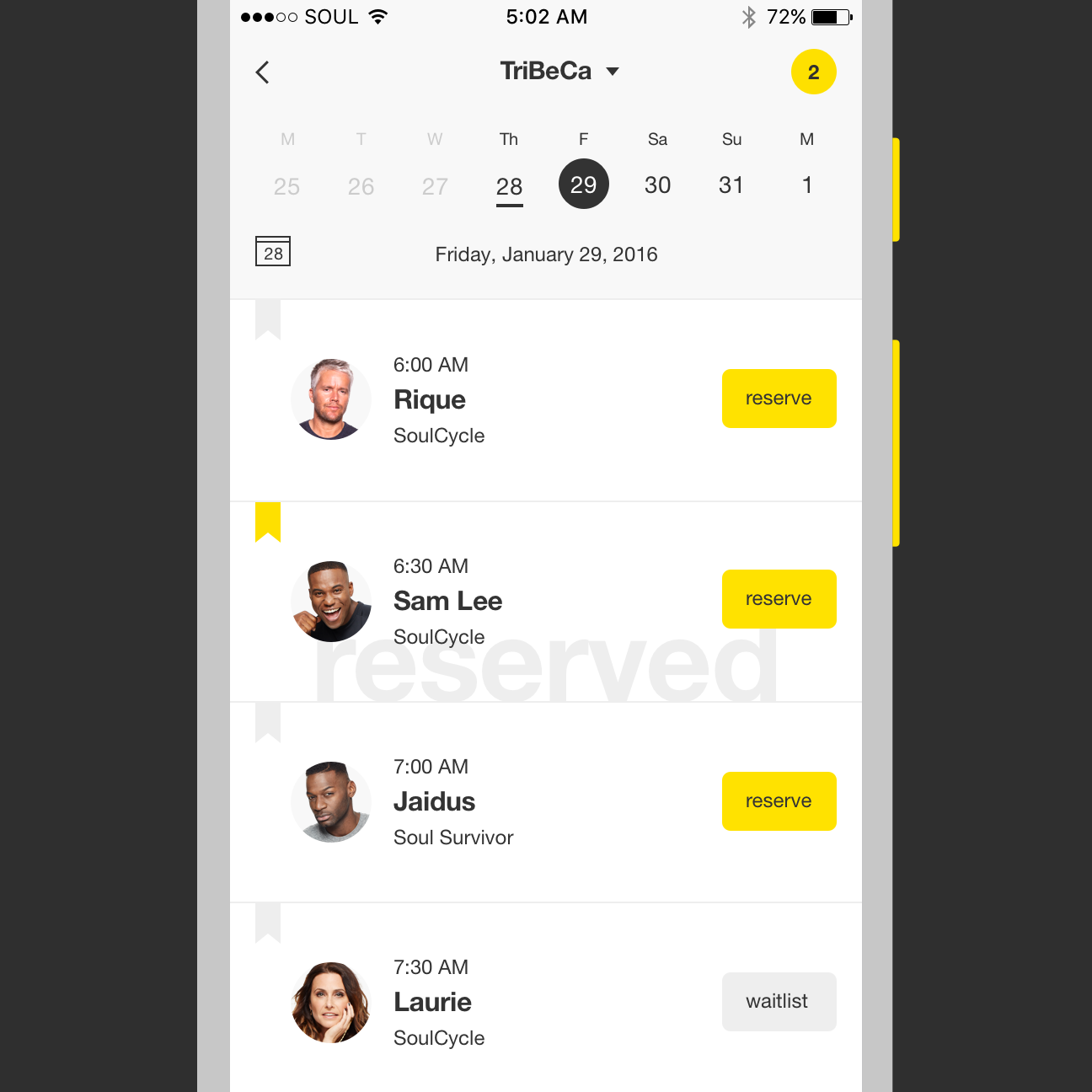 Booking screen of the SoulCycle mobile app